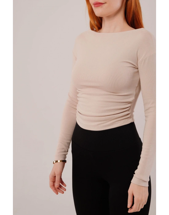 Yaka Detay Uzun Kollu Basic Krem Bluz