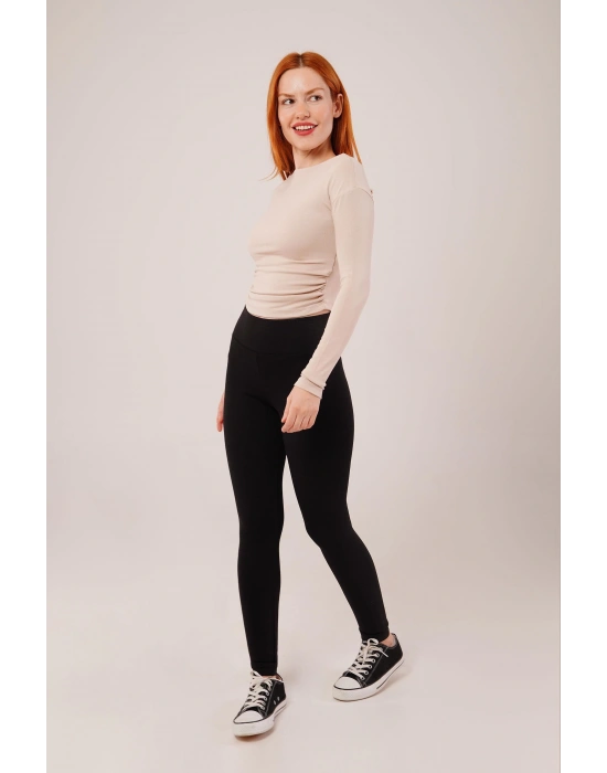 Yaka Detay Uzun Kollu Basic Krem Bluz