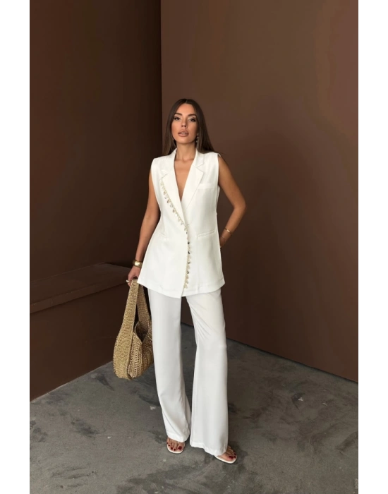 YAKA İDYE KABUĞU IRALI YELEK  PANTOLONTAKI KETEN KUAŞ  Beyaz