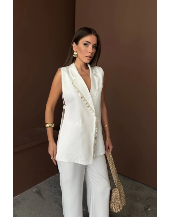 YAKA İDYE KABUĞU IRALI YELEK  PANTOLONTAKI KETEN KUAŞ  Beyaz