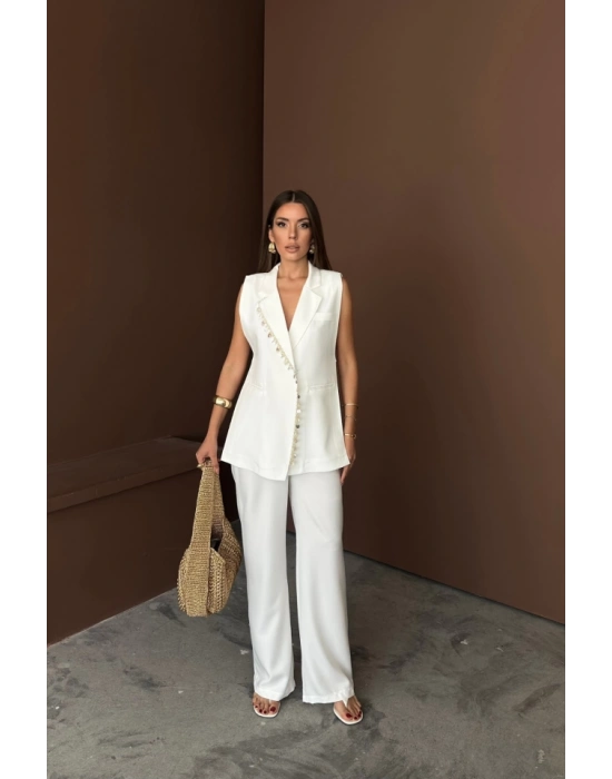 YAKA İDYE KABUĞU IRALI YELEK  PANTOLONTAKI KETEN KUAŞ  Beyaz