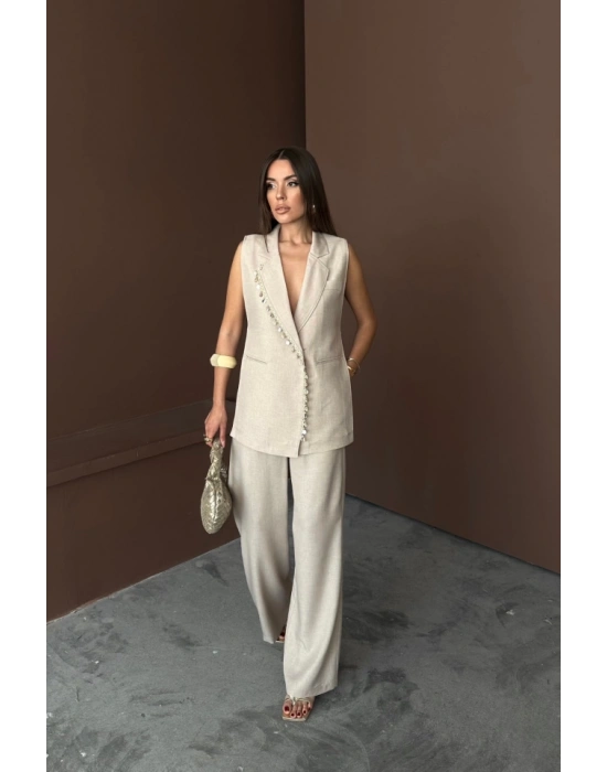 YAKA İDYE KABUĞU SIRALI YELEK  PANTOLONTAKI KETEN KUAŞ  Ham