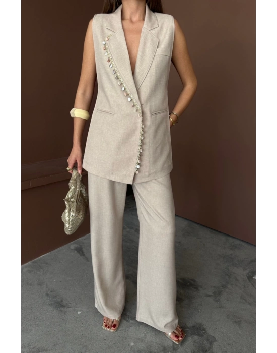 YAKA İDYE KABUĞU SIRALI YELEK  PANTOLONTAKI KETEN KUAŞ  Ham