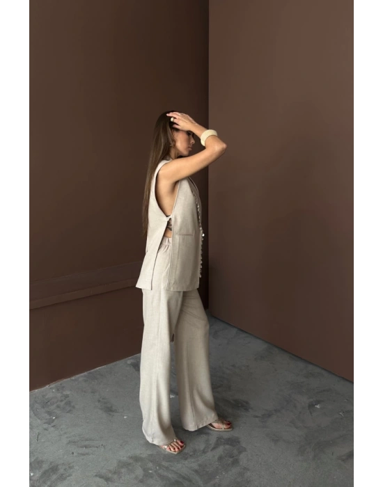 YAKA İDYE KABUĞU SIRALI YELEK  PANTOLONTAKI KETEN KUAŞ  Ham