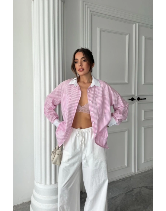 YAKA VE ANŞET BEYAZBOYFRİEND ÇİZGİİPOPİN GÖEK  Pembe