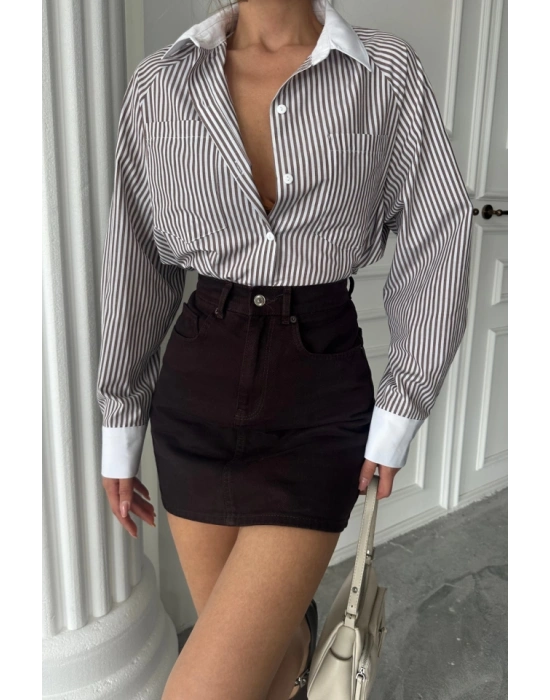 YAKA VE ANŞET BEYAZBOYFRİEND ÇİZGİLİPOPLİN GÖLEK  Kahverengi