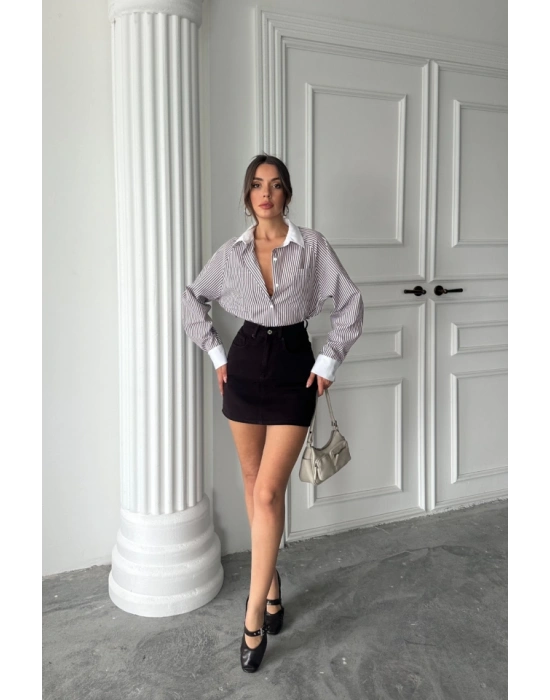 YAKA VE ANŞET BEYAZBOYFRİEND ÇİZGİLİPOPLİN GÖLEK  Kahverengi