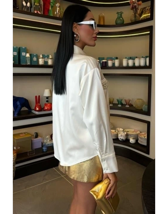 Yaka Ve Cep İnci Taşlı aten Gömlek 3423