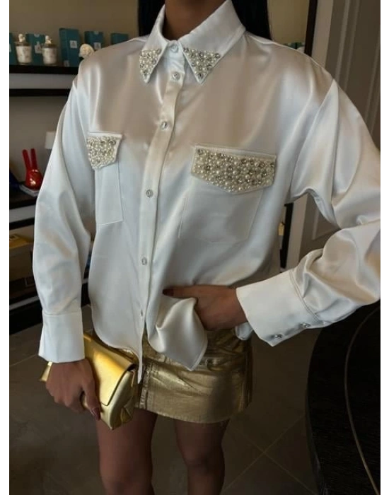 Yaka Ve Cep İnci Taşlı aten Gömlek 3423