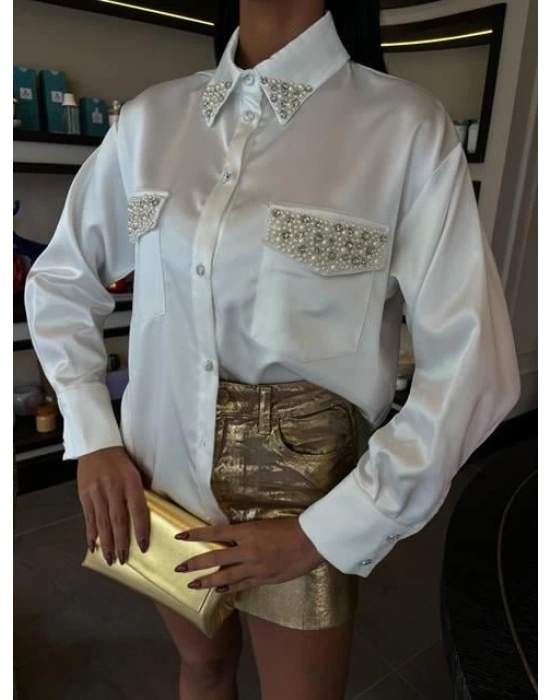 Yaka Ve Cep İnci Taşlı aten Gömlek 3423