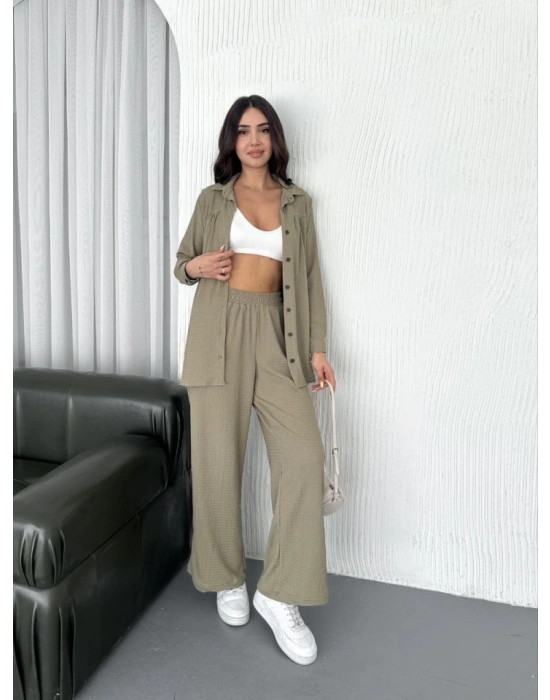 Yakalı Düğmeli Uzun Kollu Gömlek Pantolon Ikili Takım  Bej