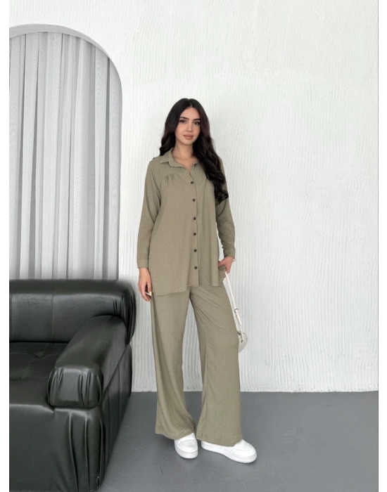 Yakalı Düğmeli Uzun Kollu Gömlek Pantolon Ikili Takım  Bej