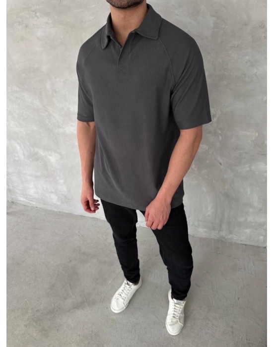 Yakalı Patlı Kısa Kol Tshirt  Antrasit