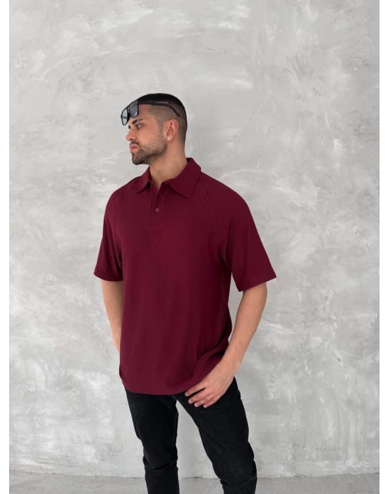 Yakalı Patlı Kısa Kol Tshirt  Bordo
