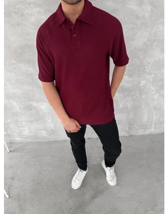 Yakalı Patlı Kısa Kol Tshirt  Bordo