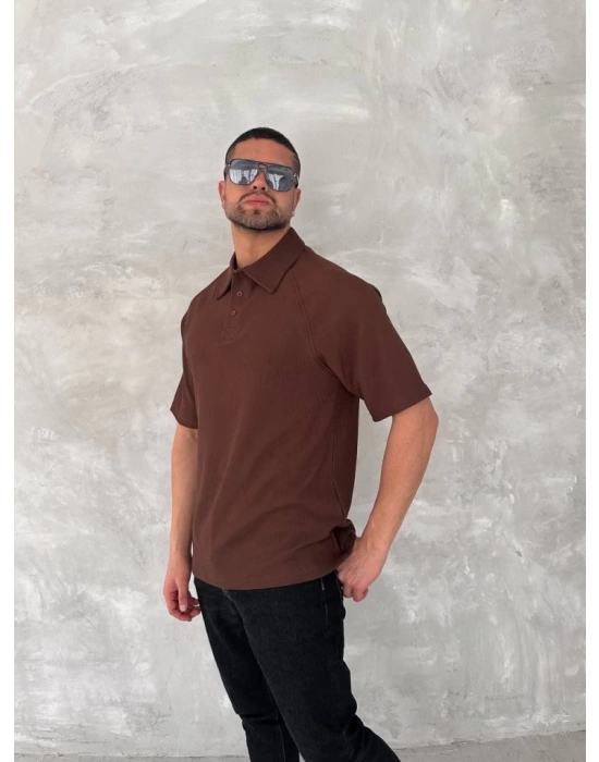 Yakalı Patlı Kısa Kol Tshirt  Kahverengi