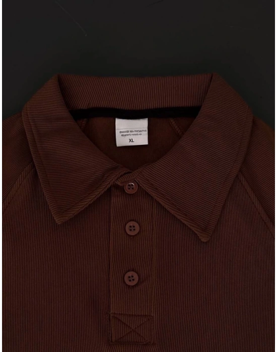 Yakalı Patlı Kısa Kol Tshirt  Kahverengi