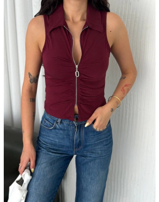 Yakalı Tam Fermuarlı Kolsuz Bluz  Bordo