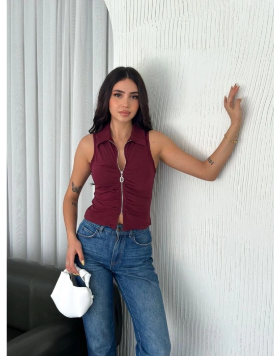 Yakalı Tam Fermuarlı Kolsuz Bluz  Bordo