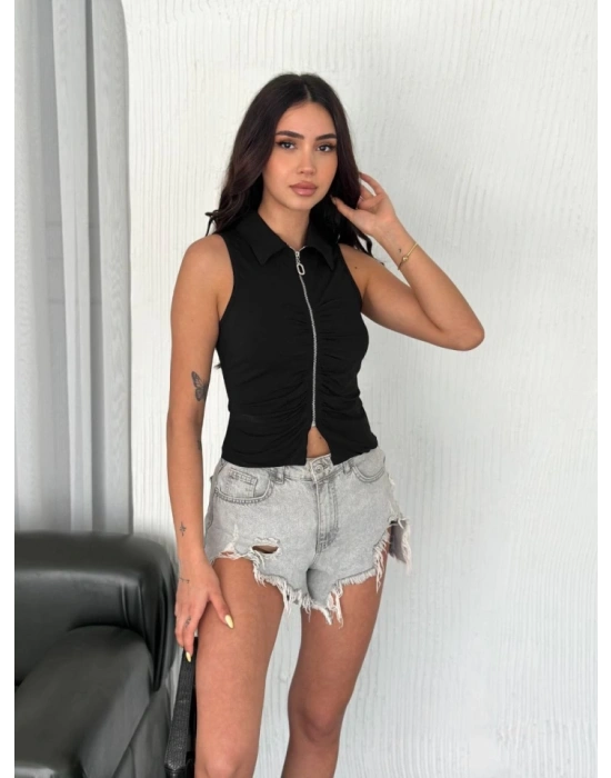 Yakalı Tam Fermuarlı Kolsuz Bluz  iyah