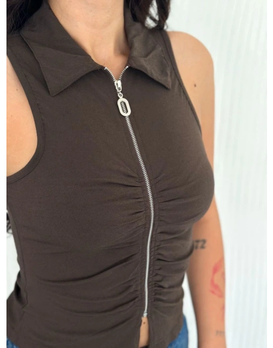 Yakalı Tam Fermuarlı Kolsuz Bluz  Kahverengi