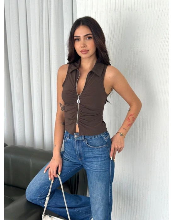 Yakalı Tam Fermuarlı Kolsuz Bluz  Kahverengi