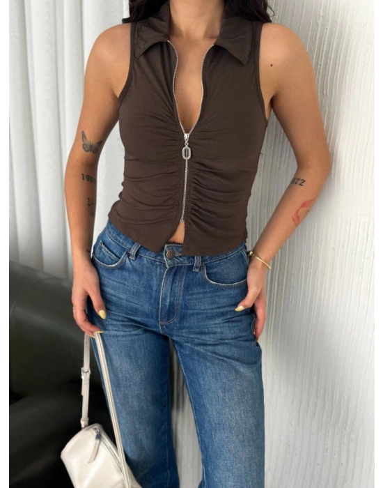 Yakalı Tam Fermuarlı Kolsuz Bluz  Kahverengi