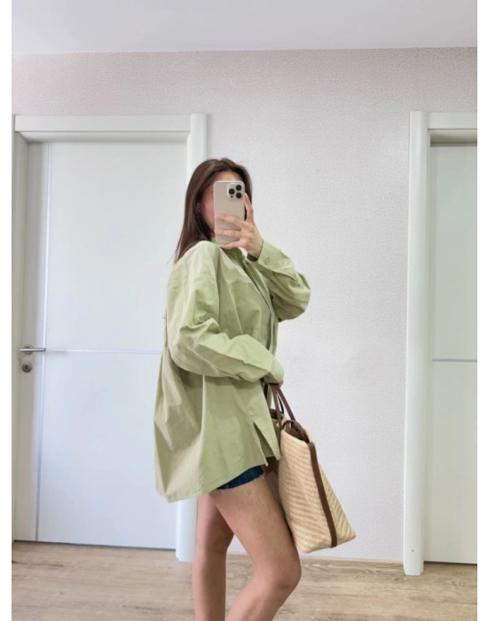 Yakalı Yandan Yırtmaçlı Gömlek  Yeşil