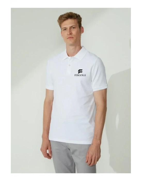 Yakası Düğmeli Yakalı Pike Baskılı Thirt  Beyaz