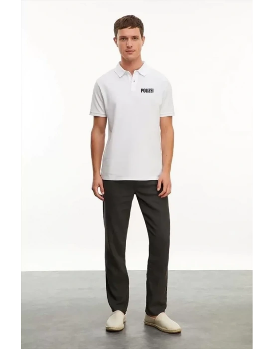 Yakası Düğmeli Yakalı Pike Baskılı Thirt  Beyaz