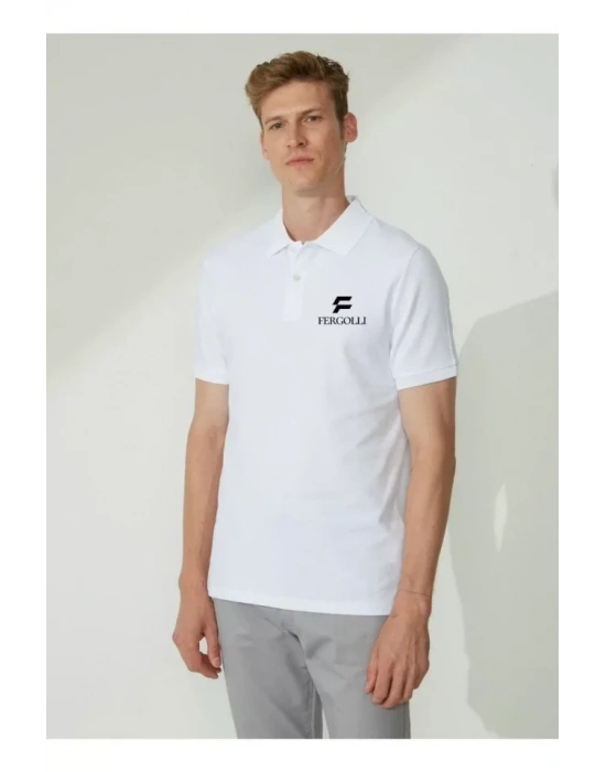 Yakası Düğmeli Yakalı Pike Baskılı Thirt  Beyaz