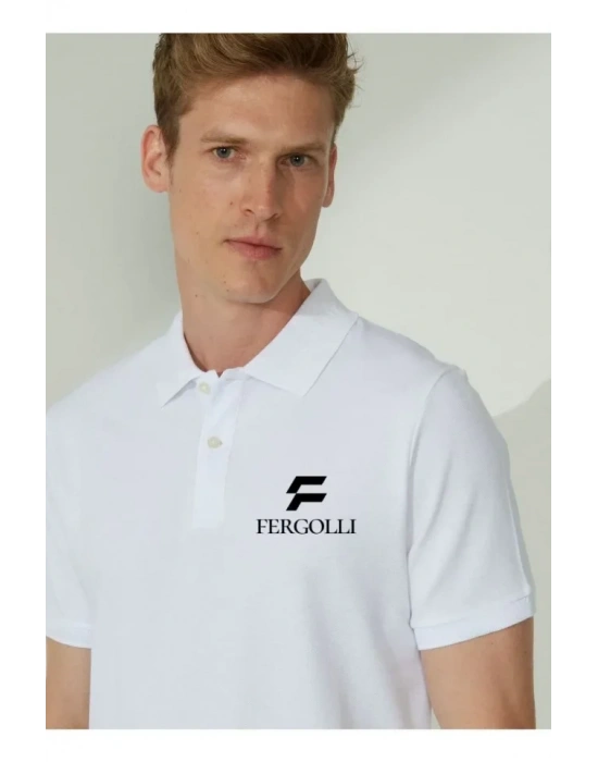 Yakası Düğmeli Yakalı Pike Baskılı Thirt  Beyaz