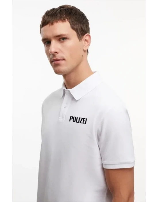 Yakası Düğmeli Yakalı Pike Baskılı Thirt  Beyaz