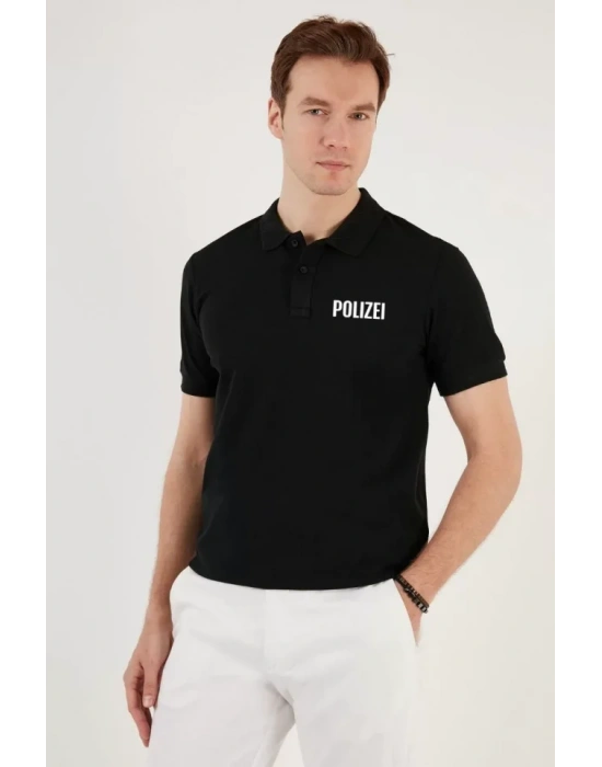 Yakası Düğmeli Yakalı Pike Baskılı Thirt  iyah