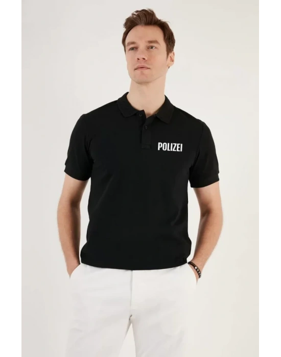 Yakası Düğmeli Yakalı Pike Baskılı Thirt  iyah