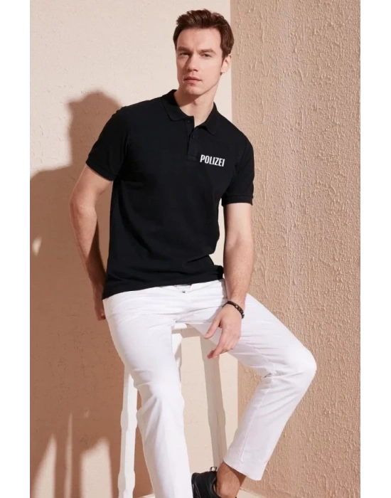 Yakası Düğmeli Yakalı Pike Baskılı Thirt  iyah