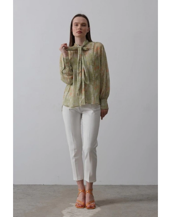 Yakası Fularlı Şifon Gömlek  Fıstık Yeşili