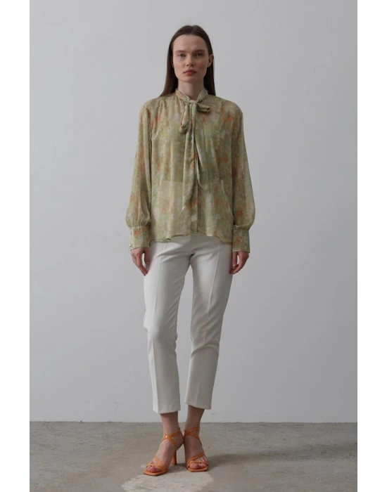 Yakası Fularlı Şifon Gömlek  Fıstık Yeşili