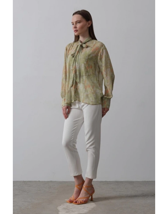 Yakası Fularlı Şifon Gömlek  Fıstık Yeşili