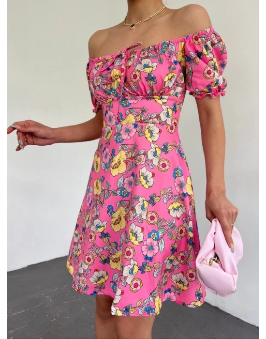 Yakası Lastikli Bağcık Detaylı Mini Elbise Pembe