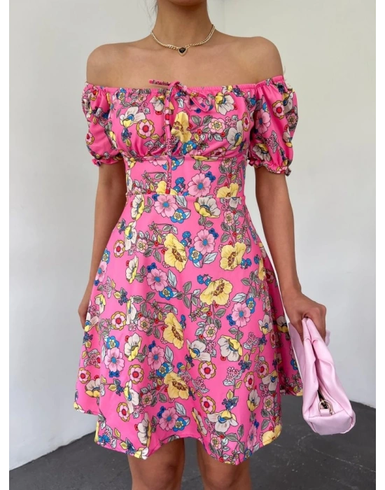 Yakası Lastikli Bağcık Detaylı Mini Elbise Pembe