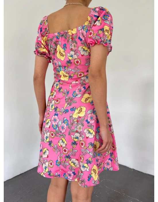 Yakası Lastikli Bağcık Detaylı Mini Elbise Pembe