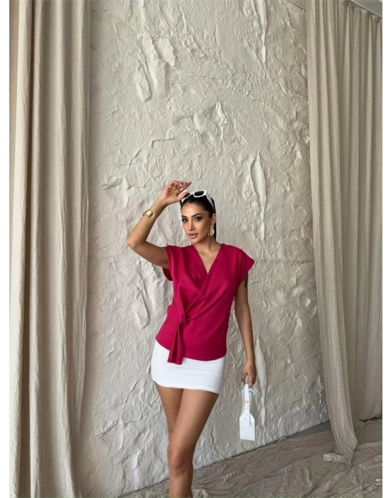 YANDAN BAĞLAMA DETAYLI KOLUZ BLUZ  Fuşya