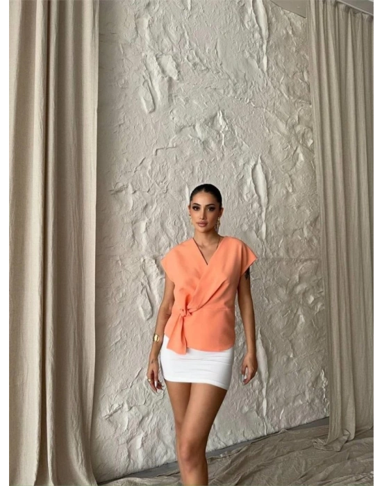 YANDAN BAĞLAMA DETAYLI KOLUZ BLUZ  omon