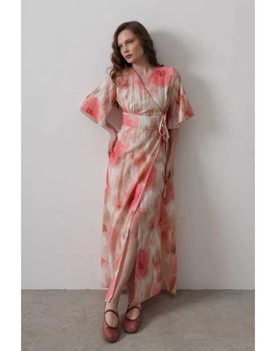 Yandan Bağlamalı Desenli Elbise  Pembe