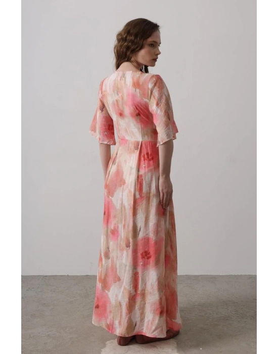 Yandan Bağlamalı Desenli Elbise  Pembe