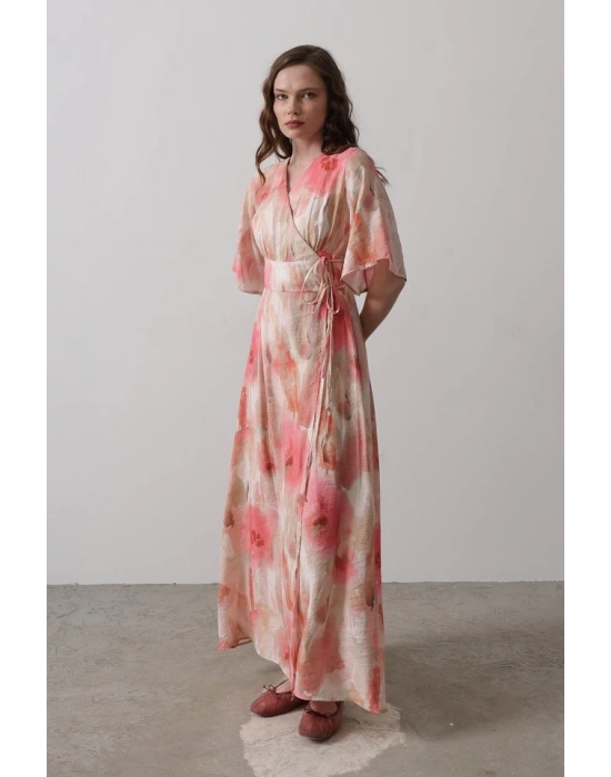 Yandan Bağlamalı Desenli Elbise  Pembe