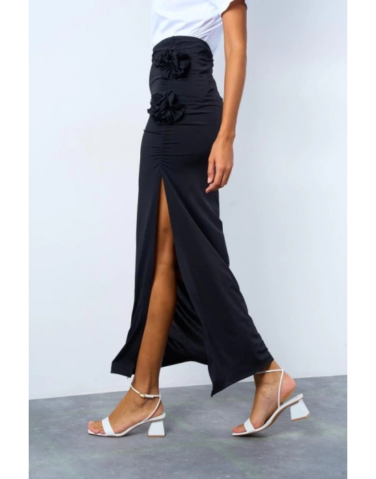 Yandan Büzgülü Güllü Etek  iyah