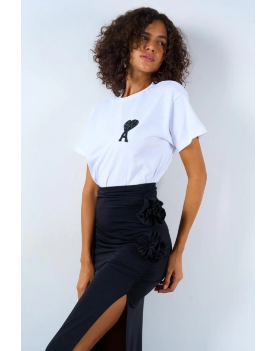 Yandan Büzgülü Güllü Etek  iyah