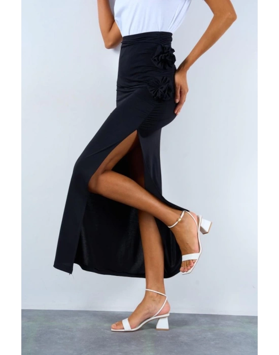 Yandan Büzgülü Güllü Etek  iyah